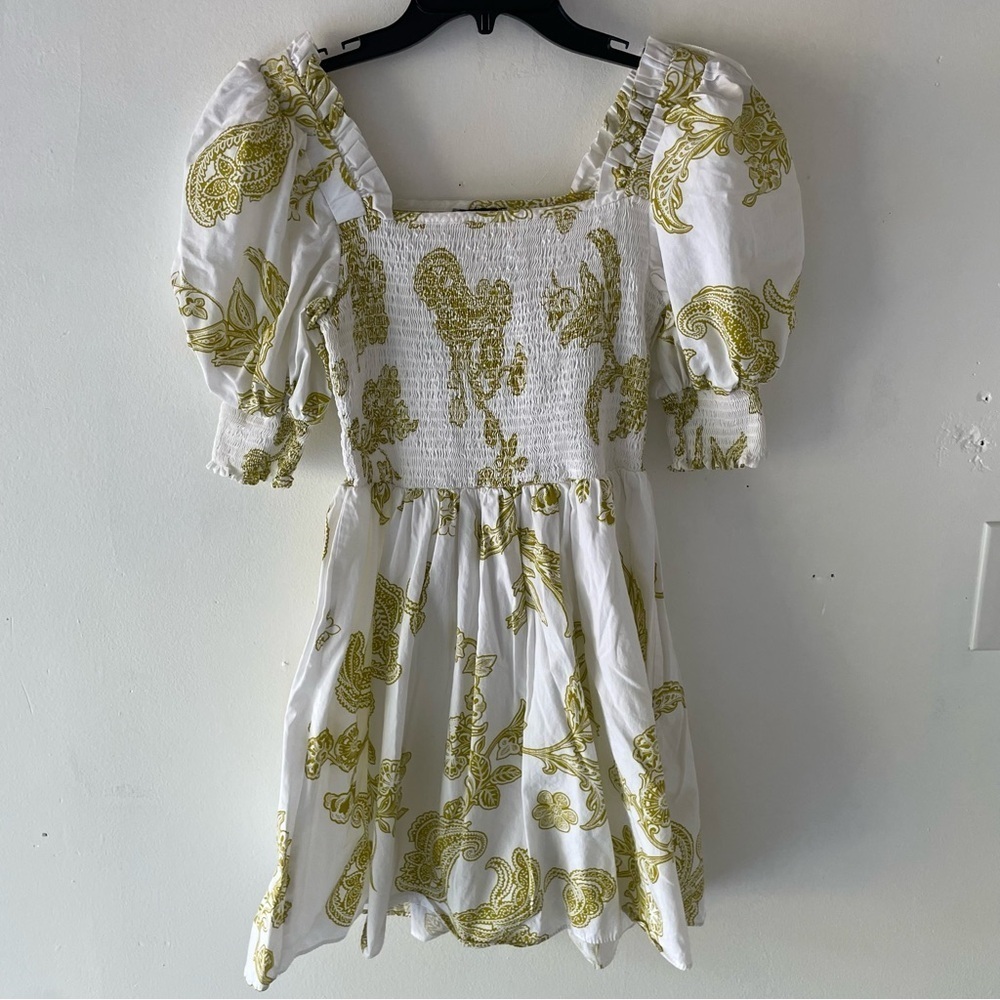 1. State White Green Paisley Print Puff Sleeve Smocked Mini Dress 37722 - Picture 2 of 9